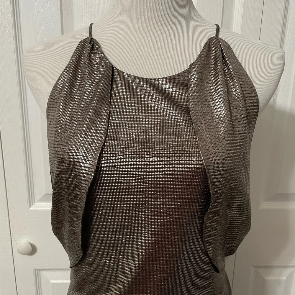 Halston Women’s Hi low Drape Metallic Gunmetal Racer back Midi dress size 8 - Picture 12 of 16